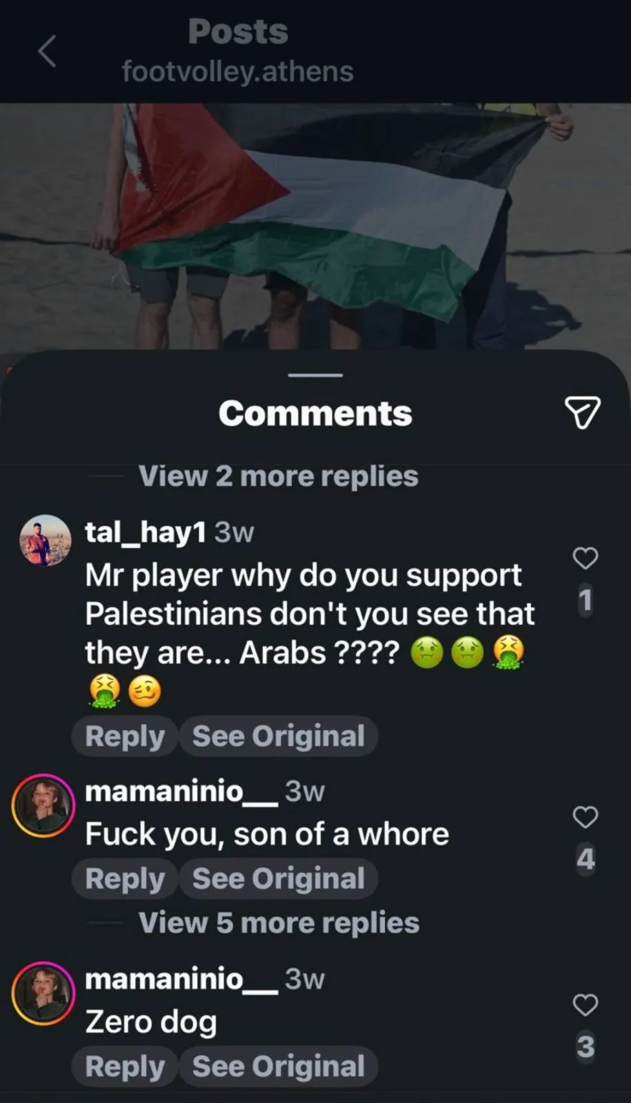 Comentários racistas na postagem sobre Palestina do @footvolley.athens